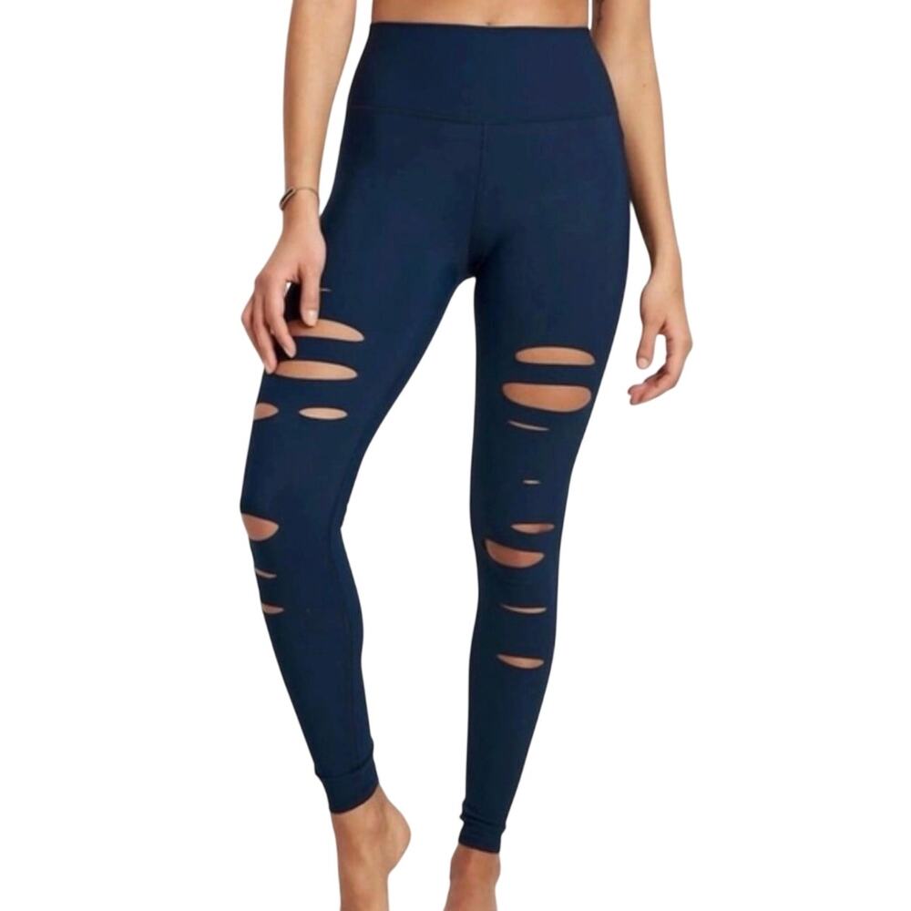 Alo Yoga High Wast Ripped Warrior Leggings, Navy Blue, Women's Large